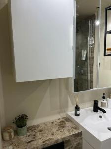 y baño con lavabo blanco y espejo. en Charming 3 bedroom apartment en Akureyri