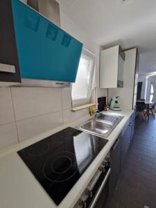 uma cozinha com um lavatório e um fogão forno superior em Casa Zappata em Überlingen