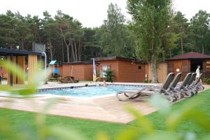 a swimming pool with lounge chairs in a yard at Ośrodek Wczasowy Na wydmach in Wicie