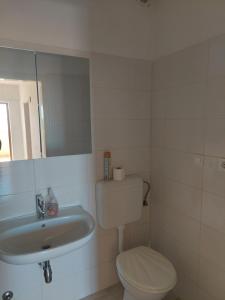 a white bathroom with a toilet and a sink at Apartman AnaS in Drage