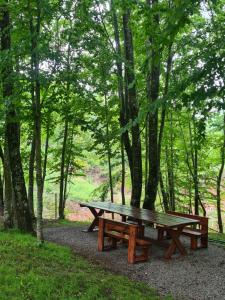 una mesa de picnic de madera en un parque con árboles en Vikendica Crkvina, en Kolašin