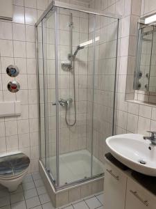 uma casa de banho com um chuveiro, um WC e um lavatório. em Ferienwohnung mit Terrasse Nähe Bayreuth em Heinersreuth