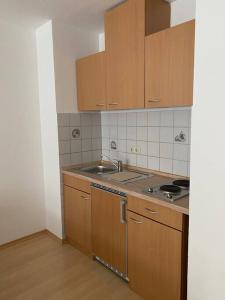 uma cozinha com armários de madeira e um lavatório em Ferienwohnung mit Terrasse Nähe Bayreuth em Heinersreuth