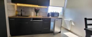 a kitchen with black cabinets and a sink and a window at Centrum Prusa Prestige 211 in Lublin +5 photos
