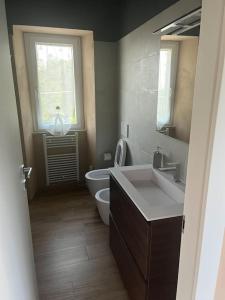 a bathroom with a sink and a toilet and a window at Al Buffardel in Bagnone