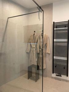 a glass display case in a room with a suit in it at Le loft du Castel Mosan in Namur