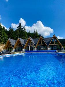 una casa con piscina frente a ella en A Frame Chalet By Superski en Cavnic