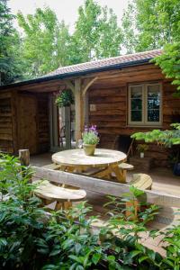 a wooden cabin with a table and picnic tables at HAYNE BARN ESTATE ECOLODGES in Hythe