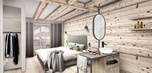 - une chambre avec un lit et un mur en bois dans l'établissement Luf Lodges, à Ischgl
