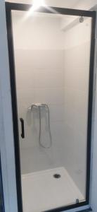 a shower stall with a glass door with a handle at Jolie péniche canal du Midi in Vias
