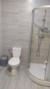 a bathroom with a white toilet and a shower at Смарт квартира на победе in Dnipro