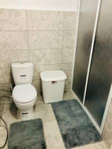 ein Bad mit einem WC und einer Dusche in der Unterkunft Sea View Modern Appartement with a Privet Garden in Çiftlikköy