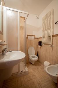 La salle de bains est pourvue de toilettes, d'un lavabo et d'une douche. dans l'établissement Cuore Nero Food and Relax, à Santo Stefano di Sessanio