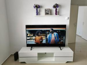 a flat screen tv sitting on top of a white entertainment center at Neue Bungalow Ferienwohnung in Ansbach