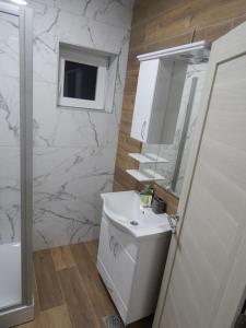 een badkamer met een witte wastafel en een spiegel bij Zvezda vodilja 2 in Veternik