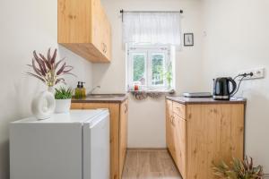 a kitchen with a white refrigerator and wooden cabinets at Lysečinská bouda in Horní Maršov