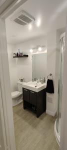 La salle de bains est pourvue d'un lavabo et d'un miroir. dans l'établissement Lovely apartment house, à Grimsby