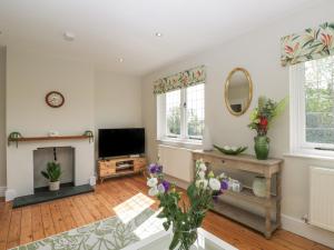 a living room with a fireplace and a tv at North Lodge in Malmesbury