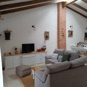 Una sala de estar con un sofá y un televisor. en Casa Huidobro Valle, en Sardón de los Frailes
