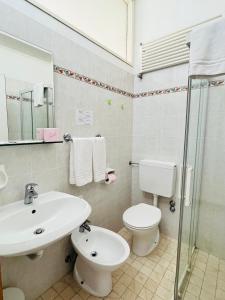 een badkamer met een wastafel, een toilet en een douche bij Hotel Columbia Frontemare in Rimini