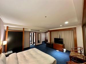 um quarto de hotel com uma cama e uma televisão em 喜客商旅 Seeker Hotel - Sanchong em Taipei