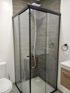 La salle de bains est pourvue d'une douche en verre et de toilettes. dans l'établissement Pousada São José, à Joinville