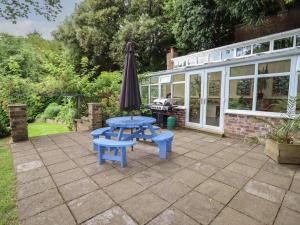 una mesa de picnic azul y una sombrilla en el patio en Cedar Gardens en Llabedr-Dyffryn-Clwyd