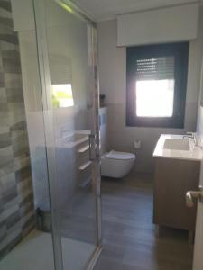 a bathroom with a shower and a toilet and a sink at A casa da Piruleta in Bueu