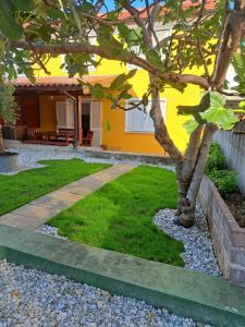 a garden with a tree and a yellow house at Kvarner holiday home in Jadranovo