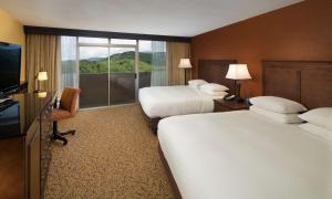 a hotel room with two beds and a large window at The Park Vista - A DoubleTree by Hilton Hotel - Gatlinburg in Gatlinburg