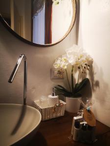 uma casa de banho com um lavatório, um espelho e flores brancas em Domo Dizósa em Siniscola