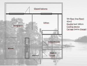 a floor plan of a house next to a river at Studio Kuopion kattojen yllä in Kuopio