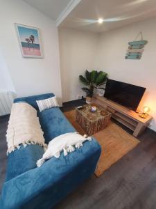 ein Wohnzimmer mit einem blauen Sofa und einem TV in der Unterkunft Seeside Oasis in Clermont-Ferrand