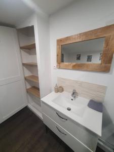 ein Badezimmer mit einem weißen Waschbecken und einem Spiegel in der Unterkunft Seeside Oasis in Clermont-Ferrand