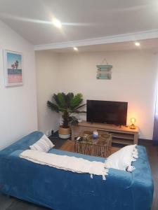 ein Wohnzimmer mit einem blauen Sofa und einem Flachbild-TV in der Unterkunft Seeside Oasis in Clermont-Ferrand