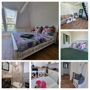 a collage of pictures of a bedroom with a bed at Ferienhaus Am Fehntjer Tief in Emden