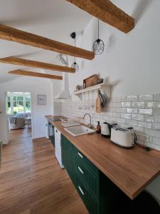 eine Küche mit grünen Schränken und einer hölzernen Arbeitsplatte in der Unterkunft Ferienhaus Am Fehntjer Tief in Emden