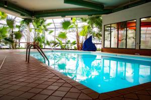 威奇托的住宿－威奇托機場希爾頓逸林酒店，棕榈树度假村内的游泳池