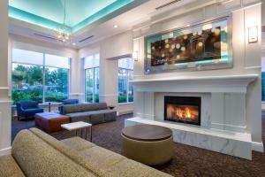 a living room with a fireplace and a couch at Hilton Garden Inn Islip/MacArthur Airport in Ronkonkoma