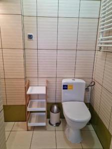 a bathroom with a white toilet in a stall at Apartament i domki wakacyjne w uroczym zakątku Ustki in Ustka
