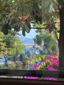 una ventana con vistas a un jardín con flores en Panellinion Luxury Rooms, en Kalamata