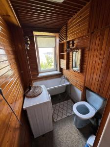 a bathroom with a toilet and a tub and a sink at Przestronny apartament na wyłączność w centrum miasta - Mszana M11 in Mszana Dolna