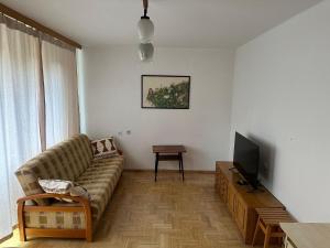 a living room with a couch and a tv at Przestronny apartament na wyłączność w centrum miasta - Mszana M11 in Mszana Dolna