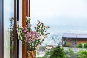 un jarrón de flores sentado en un alféizar de la ventana en Dommu Anna en Baunei
