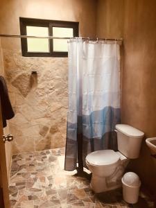 a bathroom with a toilet and a shower curtain at Quinta Lum in San Cristóbal de Las Casas