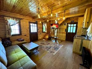 a living room in a wooden cabin with a couch at Doğada ahşap minik bir ev. ( Nazende Dağ Evi ) in Akcaabat