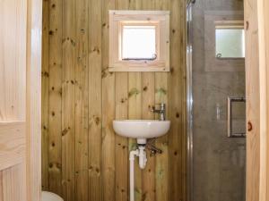 y baño con lavabo y ducha. en The Oak Hut en Whitchurch