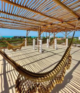 a hammock on a beach with the ocean in the background at La Casa del Sol Holbox in Holbox Island