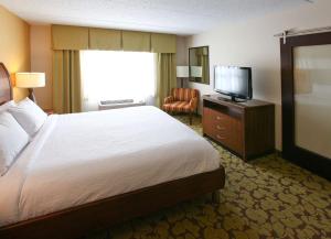 a hotel room with a bed and a flat screen tv at Hilton Garden Inn Olathe in Olathe