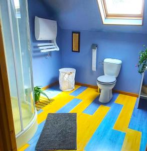a bathroom with a toilet and a colorful floor at Les hortensias de Stéfanick in Mur-de-Bretagne